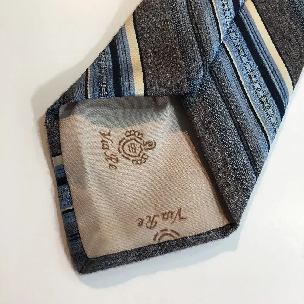 Via Re Mens Tie Blue Gray Brown White Striped Textured Necktie Embroidered Logo